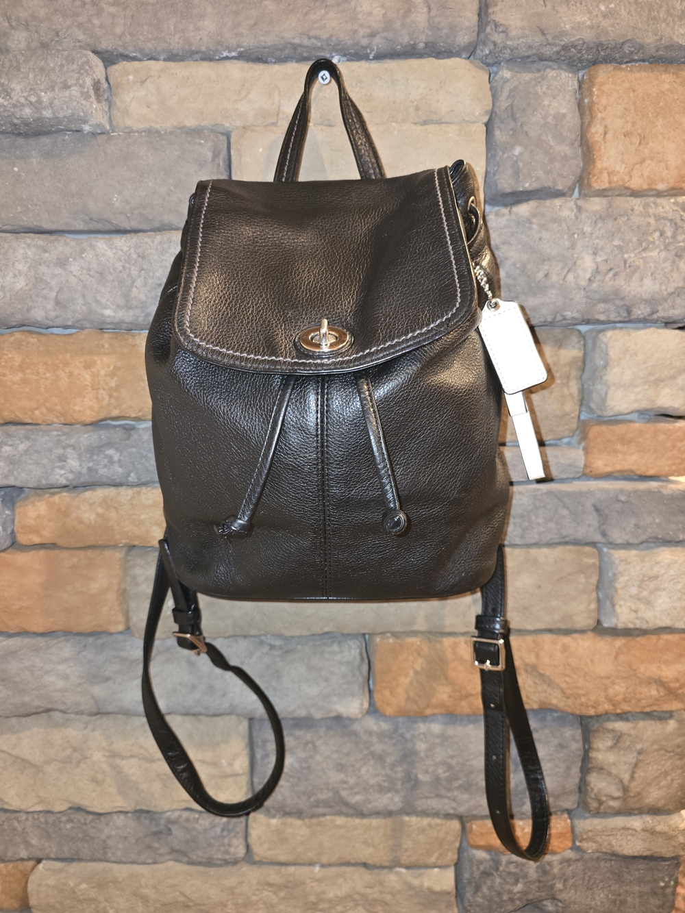 COACH F24385 Park Black Pebbled Leather Small Backpack Green Lining *READ*